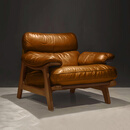 中古风喝茶主人椅子头层真牛皮复古白蜡木客厅阳台实木单沙发躺椅 V级进口颗粒面头层牛皮 鹅绒+公仔棉+45D海绵+白蜡木