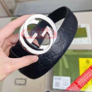 酷奇皮带男款双G字母平滑扣GUCCl个性古家驰简约腰带男士精品裤带 黑色银扣 120cm