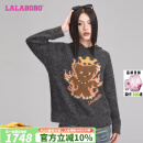 LALABOBO羊毛混纺连帽毛衣女秋冬新款火焰熊宽松针织套头衫LBDD-WSTM12 灰色 厚款 M