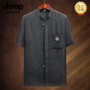 JEEP SPIRIT唐装男香云纱爸爸短袖套装中老年人中式夏装中国风男装 黑色【上衣】 M 建议100-120斤