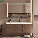 ZOZI新中式胡桃木浴室柜陶瓷一体盆洗漱台卫生间洗手台洗脸盆吊柜组合 陶瓷一体盆+豪华收纳镜柜 100CM