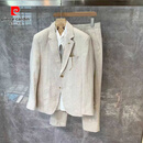皮尔卡丹（pierre cardin）春秋新款亚麻修身小西装外套男韩版潮流日系休闲西服套装时尚薄款 杏色 M