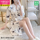 莫代尔睡袍女夏季冰丝裙薄款性感免脱和服春秋天浴袍一片式晨袍睡衣荷花 B001水墨兰(米杏色) S (建议80-110斤)
