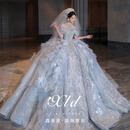 新娘一字肩长款婚纱2025款主纱礼服重工奢华公主大拖尾公主裙租赁 齐地-白色 不含头纱 L