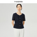 娜尔思（NAERSI）【浮雕蕾丝】气质优雅圆领五分袖雪纺衫女2025夏季新款上衣 暗青紫色 XL