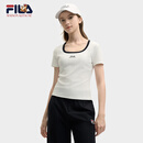 FILA 斐乐官方小狐狸女装针织短袖2025夏新款时尚休闲简约修身U领T恤 云菇白-WT M 165/84A/M