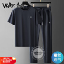 Walker Shop轻奢品牌高档运动套装男夏季男士圆领冰丝短袖T恤长裤休闲两件套 深蓝 XL 建议140-155斤
