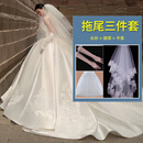 勤记法式婚纱新娘主纱缎面抹胸缎面轻奢婚纱新娘2025新款小个子主纱礼 拖尾款+三件套 L 均码