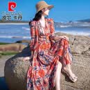 皮尔卡丹（pierre cardin）2026新款波西米亚连衣裙夏季海边度假沙滩裙春夏裙子复古雪纺长裙 米亚花色 【长*袖】 S