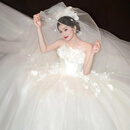 红妆饰佳婚纱新娘2025新款抹胸小个子超仙出门纱简约花朵轻纱仪式纱迎宾纱 米白拖尾款 M