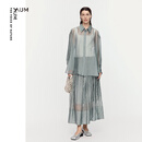 噢姆（AUM）【轻松套装】AUM噢姆夏季新款透感廓形宽松衬衫上衣半身裙 灰蓝半裙 L