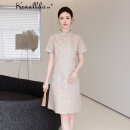 卡搭（kraallda）宋锦改良旗袍裙真丝桑蚕丝连衣裙女夏季短袖新中式国风时尚 浅粉色 L 推荐体重90-110斤
