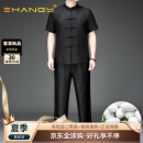 Ehangy国际奢侈品牌唐装男装短袖长裤套装衬衫男高档桑蚕丝衬衣直筒短裤 黑色套装 L