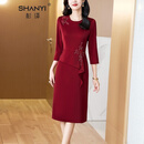 杉译专柜品质绣花喜婆婆连衣裙女七分袖修身显瘦参加婚礼宴会服开叉裙 酒红色 2XL