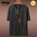 JEEP SPIRIT高端香云纱唐装男夏季短袖圆领T恤套装中国风男装上衣时尚潮流款 黑色圆提花上衣 M 110-135斤