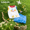 巴拉巴拉宝宝背心短袖套装男童夏装速干T恤短裤儿童童装洋气复古撞色 白蓝色调00418 110