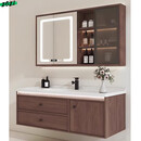 ZOZI新中式胡桃木浴室柜陶瓷一体盆洗漱台卫生间洗手台洗脸盆吊柜组合 陶瓷一体盆+玻璃门智能镜柜 100CM