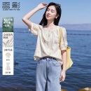 香影衬衫女短袖2025夏装新款正肩圆领杏色甜美风衬衣刺绣碎花上衣 杏色衬衫 M