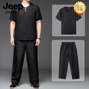 JEEP SPIRIT夏季香云纱短袖男士休闲套装中老年宽松唐装中式男装 GAN-86001黑色套装 M