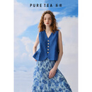茶·愫【蓝蝶意象】puretea茶愫V领蝴蝶绣花侧腰细褶马甲背心2025夏新款 湖蓝 M