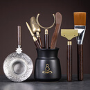 陶福气茶道六君子套装功夫茶具配件用品大全泡茶工具茶漏茶巾夹刀刮刻字 新款悟道黑釉茶道+茶刮茶漏