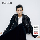edition皮衣外套女春新款美式复古棒球领黑色羊皮真皮夹克 黑色 XS/155