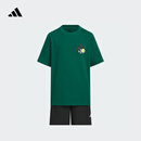 adidas男女大童休闲短袖套装儿童夏季新款阿迪达斯官方轻运动   黑色/森林绿   140