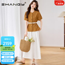 Ehangy轻奢品牌套装女2025夏季新款高级感法式掐腰衬衫九分阔腿裤两件套 黄色 XL