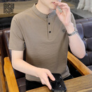 BG GLAMURB轻奢品牌男士polo衫复古短袖男亨利领t恤男棉麻透气立领中山 62372卡其 L 115-130斤