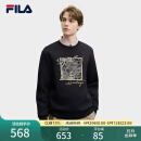 FILA 斐乐官方男子套头卫衣2025春新款休闲舒适刺绣针织长袖上衣 正黑色-BK L