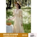 独束大码女装法式甜美围裹式V领碎花连衣裙女夏微胖mm高腰茶歇裙 米底黄花 XL