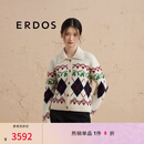 ERDOS 菱形格提花针织翻领宽松厚款圣诞保暖女开衫羊绒衫 白 160/80A/S