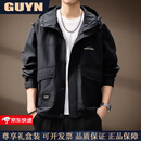 GUYN高端品牌男装工装外套男连帽2025新款秋季潮牌大码宽松夹克男百搭 黑色 L 适合120-140斤