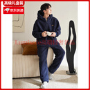 FENTENGG【抗静电】羊羔绒情侣连帽睡衣女冬季珊瑚绒加厚男家居服套装 74401墨蓝-男 XL