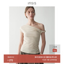 INSISFEMME【松弛感通勤】亚麻棉2025夏新款单肩扭结小飞袖修身多穿领T恤女 莫斯科白 M