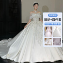 雅格罗伊大码婚纱200斤胖mm加肥加大一字肩法式缎面婚纱礼服女2025新款新 拖尾款(四件套) 3XL 均码