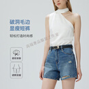 GUYN高端2025夏季牛仔裤女新疆长绒棉破洞显高显瘦时尚短裤 牛仔蓝 25