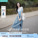 茵曼【商场同款】丁达尔渐变款女装圆领针织衫2025年夏季新款短袖上衣 蓝白条 M