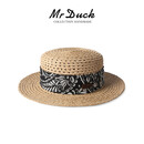 Mr DUCK夏天法式平顶礼帽女 手工镂空透气拉菲草帽 出游度假防晒遮阳帽子 本草/佩斯利黑白（天然材质）-MS563109 L（58-59cm）可调节