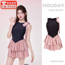 森上优集泳衣女2025新款保守连体裙式游泳衣仙女纯欲遮腰显瘦休闲度假泳装 黑拼粉泳衣 均码 【80-120斤】