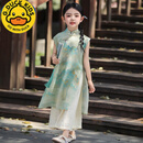 G.DUCKKIDS国风儿童旗袍女童连衣裙夏装2025新款套装新中式女孩大童古风汉服 【绿色】LQTZ2406国风山水画旗袍 150 适高140-150cm年龄11-12岁c