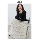 LILY2025秋新款含莱赛尔醋酸法式修身连衣裙气质通勤纱裙蛋糕裙女 604米白 M