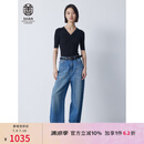ERDOS 纽扣装饰V领抽条全成型薄短袖针织衫水晶装饰女纯羊绒衫 黑 160/84A/M