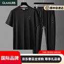 BG GLAMURB夏季高端时尚潮流冰丝抗皱短袖两件套男士刺绣t恤休闲运动套装男 黑色【高档礼盒】 L
