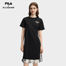 FILA 斐乐官方女子针织连衣裙2025秋季新款时尚休闲舒适拼接T恤裙 正黑色-BK L 170/88A/L