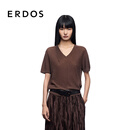 ERDOS【水溶羊毛】25早秋星空亮片轻薄短袖松弛感V领女针织衫 可可 L 170/88A