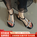 GUYN凉鞋女气质水钻罗马凉鞋女露趾2025夏新款丁字式扣带平底软底一 黑色 34