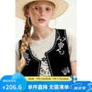 ELLE KIDS夏季女童假日风短款H版圆领仿手绣亚麻莱赛尔撞色休闲马甲上衣
