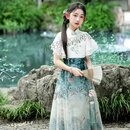 GUYN女童套装新中式夏季中国风2025新款儿童古风汉服小女孩唐装马面裙 T8-13水墨蓝上衣+裙子+上衣挂件+ 110