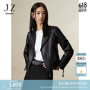 玖姿·安娜蔻经典休闲机车绵羊皮修身皮衣夹克外套女2024冬款 素黑 L